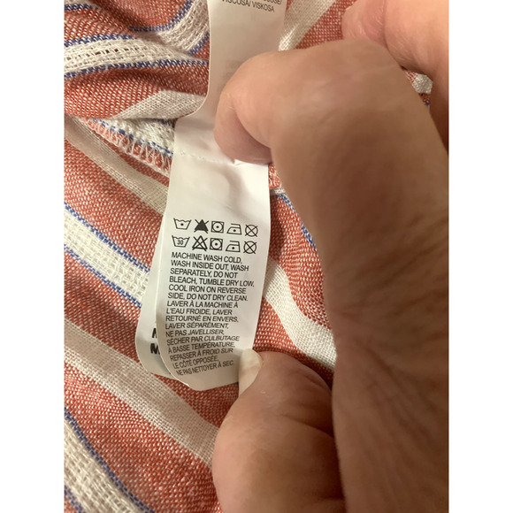 Lucky Brand Womens Button Front Linen Viscose Blend Top M Knot Back Striped - Picture 7 of 7